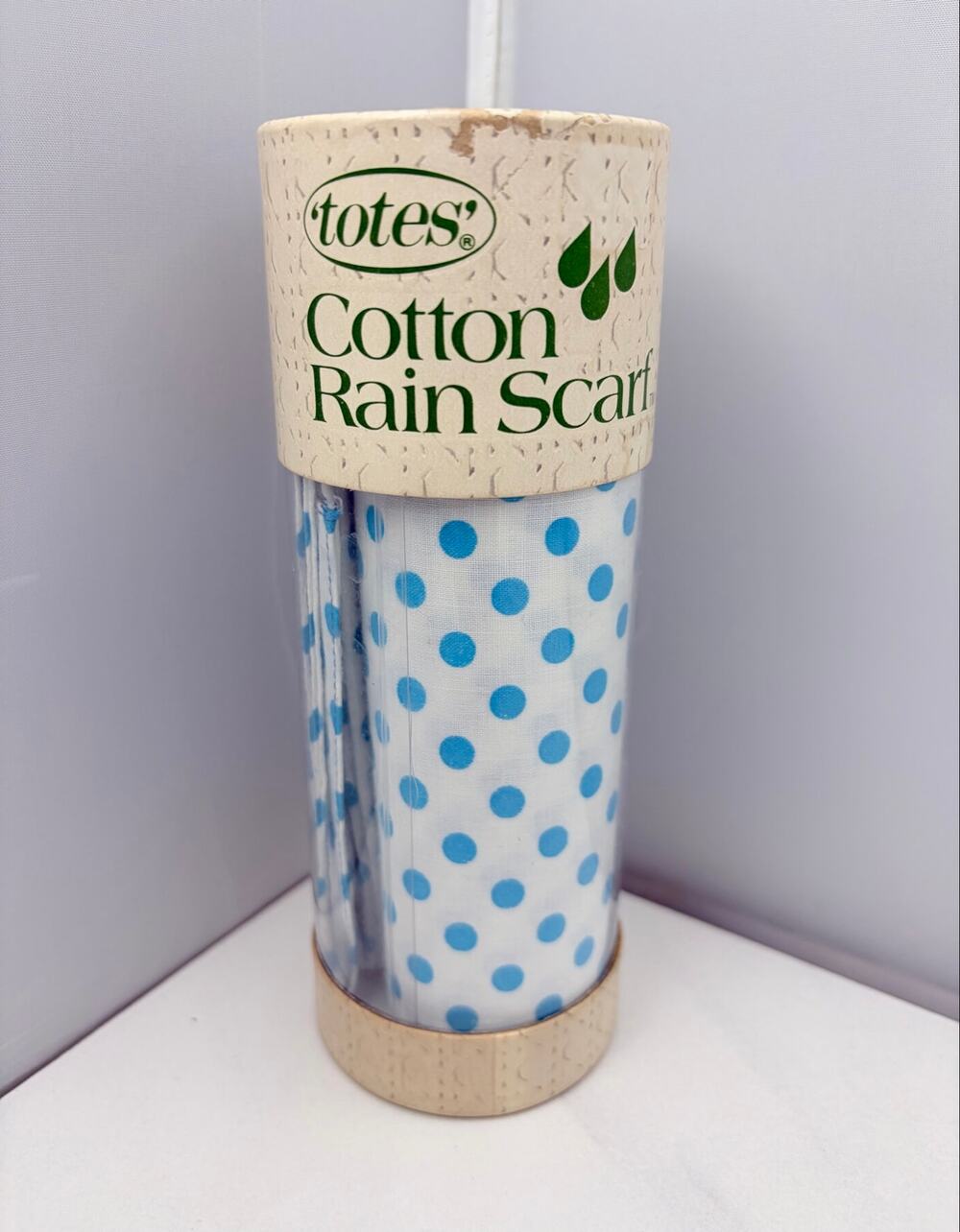 Vtg 1975 Totes Cotton Rain Scarf Blue Polka Dot Water Repellent New Open Box
